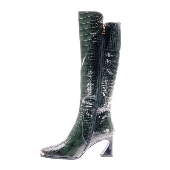 Green Tall Crocodile High Heel Boots - Picture 4 of 5
